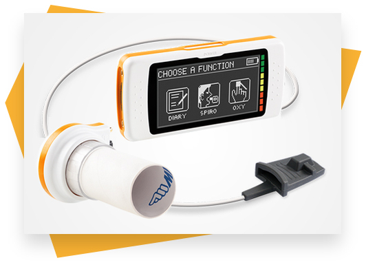 Close up of Spirodoc professional spirometer with a white and orange abstract background.